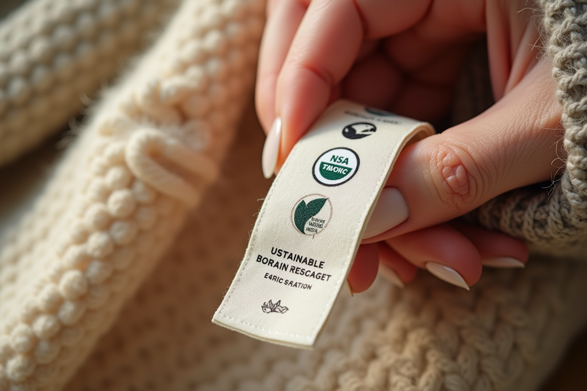 Main tenant une étiquette de vêtement avec certification durable