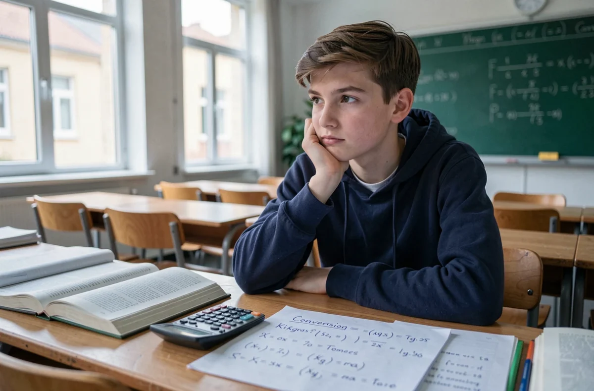 Étudiant révisant les conversions de kilogrammes en tonnes sur ses notes de cours