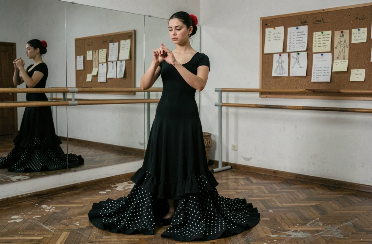 Étudiante en flamenco s'entraînant seule dans un studio de danse traditionnel à Grenade avec reflet dans le miroir