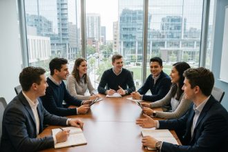 Groupe d'étudiants universitaires en discussion dans une salle moderne