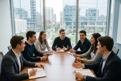 Groupe d'étudiants universitaires en discussion dans une salle moderne