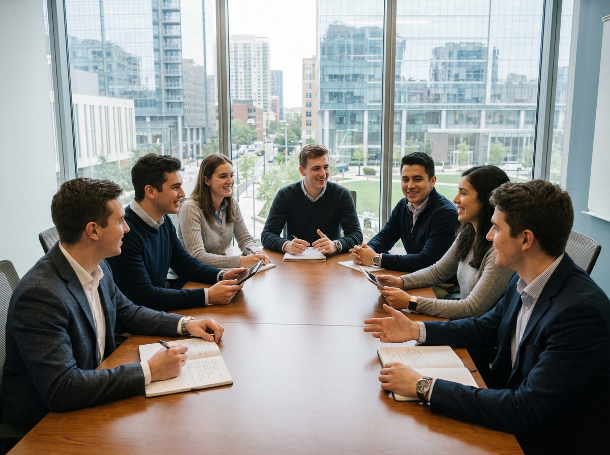 Groupe d'étudiants universitaires en discussion dans une salle moderne