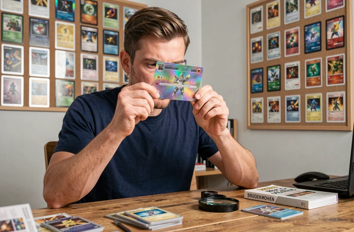 Collectionneur adulte examinant de près une carte Pokémon holographique rare pour détecter une éventuelle contrefaçon