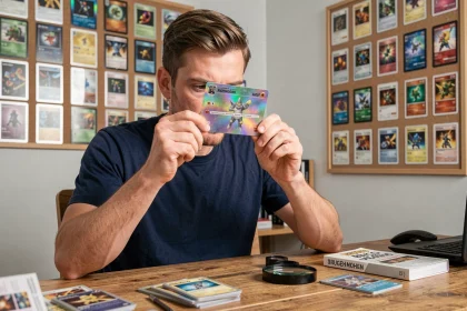 Collectionneur adulte examinant de près une carte Pokémon holographique rare pour détecter une éventuelle contrefaçon