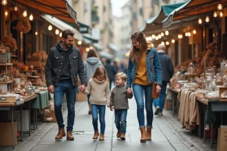 Famille avec enfants dans une brocante en plein air