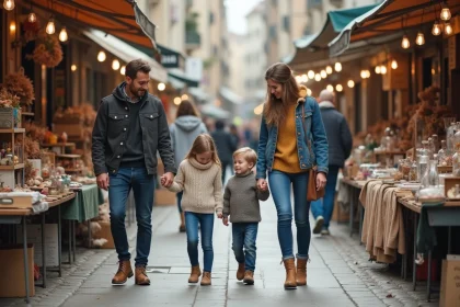 Famille avec enfants dans une brocante en plein air