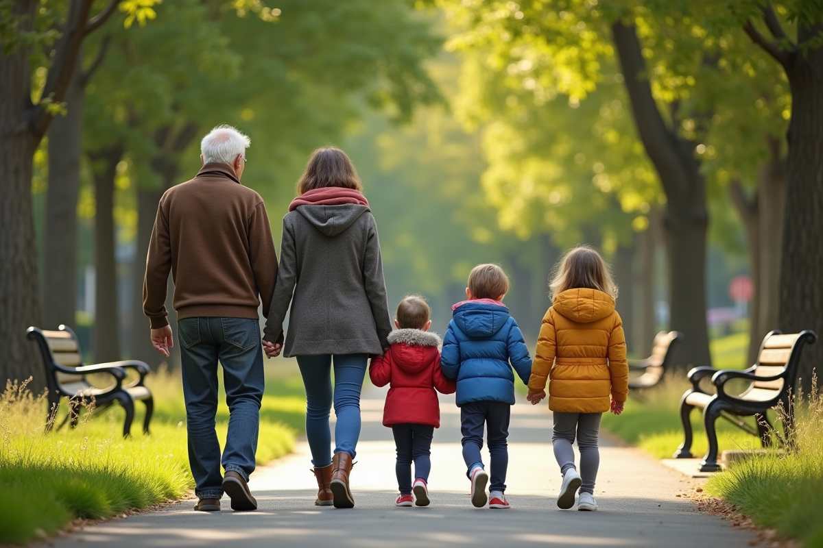 Famille multigeneration marchant dans un parc ensoleille