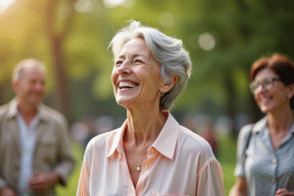 Femme de 70 ans souriante dans un parc ensoleille