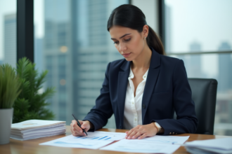 Femme d'affaires en réunion analysant des graphiques financiers