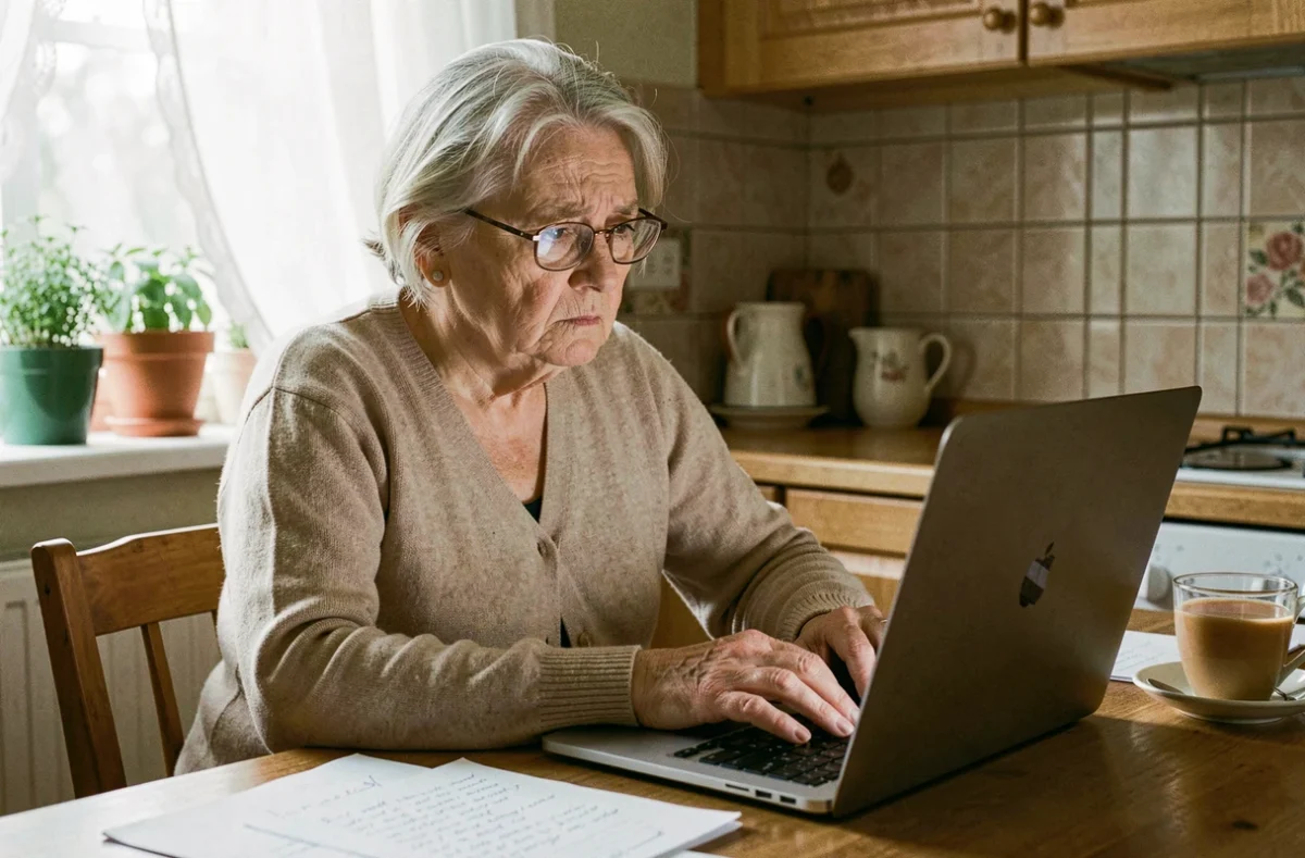 Une femme âgée examine une annonce suspecte sur Le Bon Coin depuis sa cuisine, illustrant les risques d'arnaque en ligne pour les personnes vulnérables