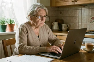 Une femme âgée examine une annonce suspecte sur Le Bon Coin depuis sa cuisine, illustrant les risques d'arnaque en ligne pour les personnes vulnérables