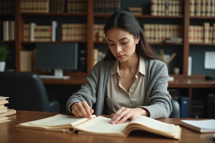 Femme triant des documents anciens dans un bureau moderne