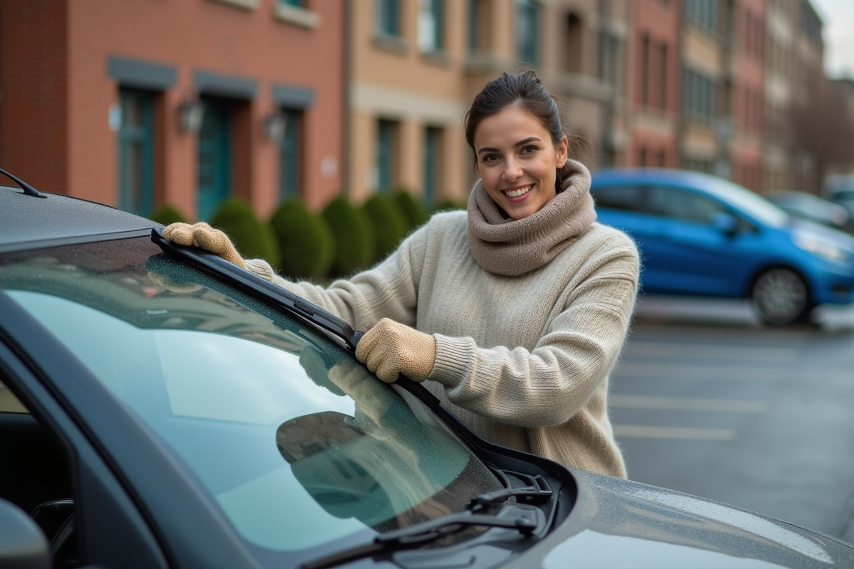Femme montrant comment fixer un balai wiper sur sa voiture