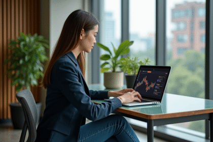 Jeune femme analysant un tableau de blockchain sur son ordinateur
