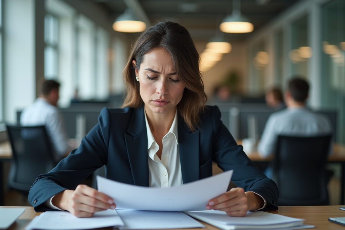 Femme d affaires assise au bureau visage fatigué