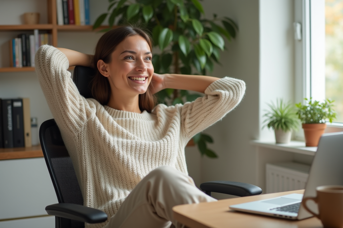 Femme détendue dans son bureau à domicile en train de s
