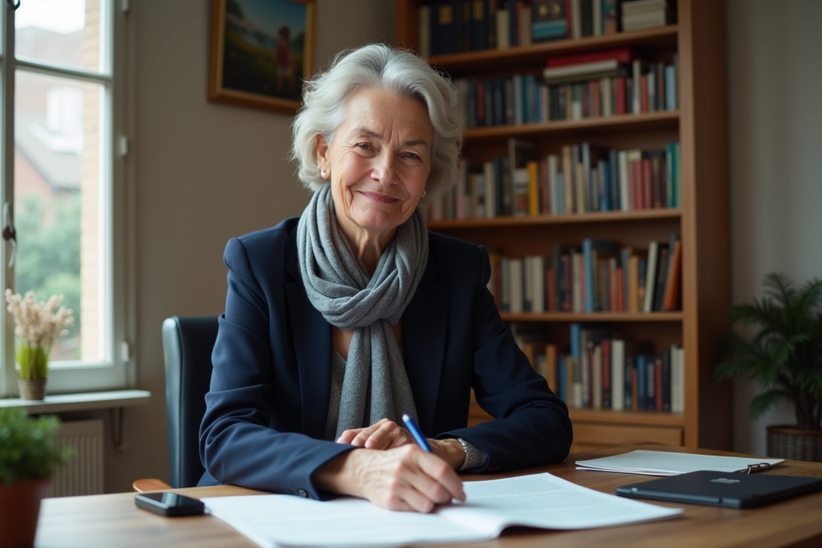 Femme d age reviewant documents dans un bureau cosy