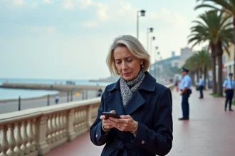 Femme en trench et foulard regardant son téléphone à Cannes