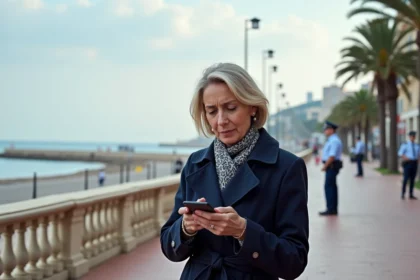 Femme en trench et foulard regardant son téléphone à Cannes
