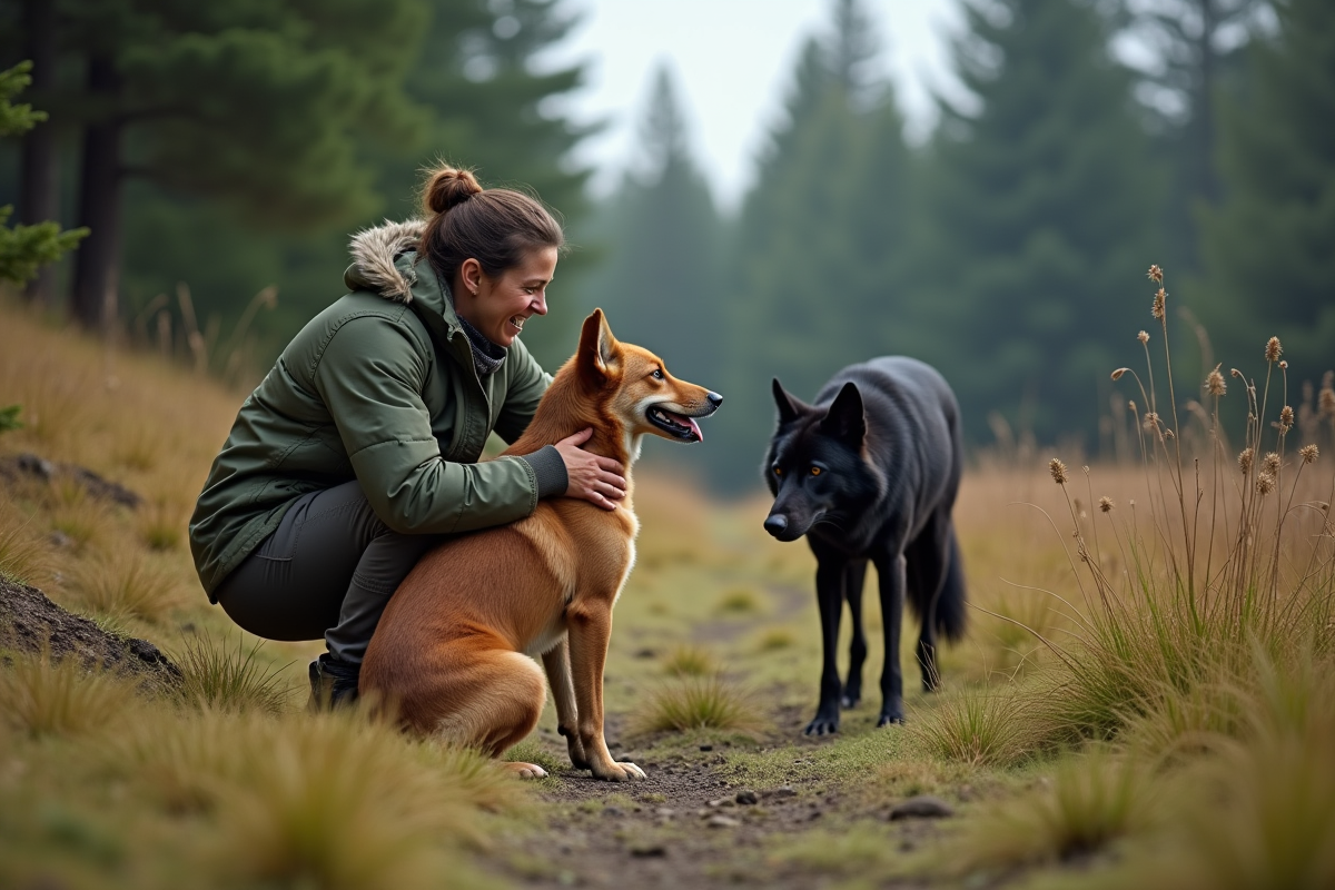 Femme avec chien et loup observant en forêt
