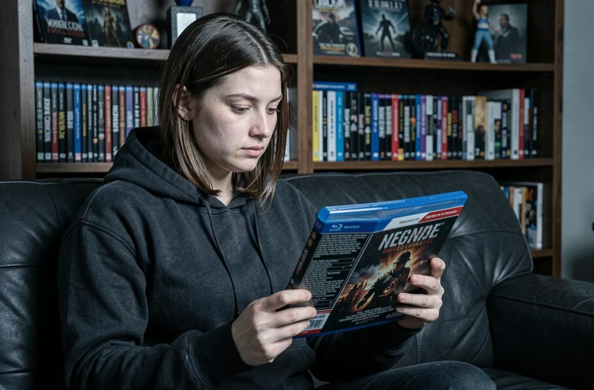 Jeune femme tenant un coffret Blu-ray de film d'horreur et d'action dans un salon avec collection de films