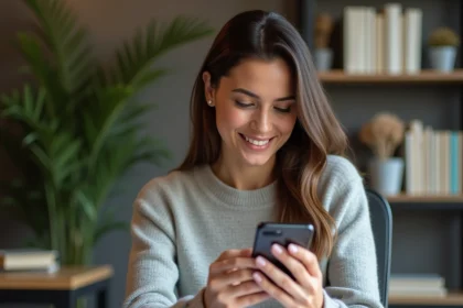 Femme comparant les prix des smartphones Samsung sur son téléphone dans un bureau à domicile moderne