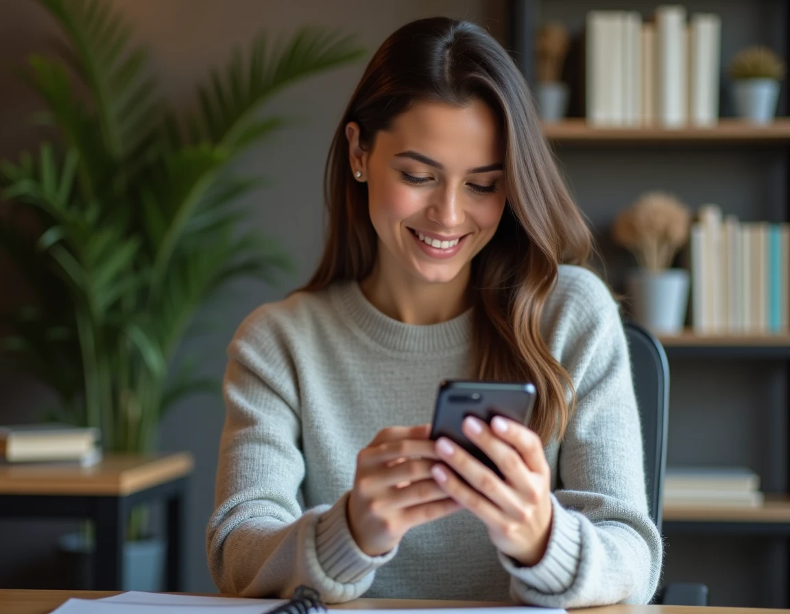 Femme comparant les prix des smartphones Samsung sur son téléphone dans un bureau à domicile moderne