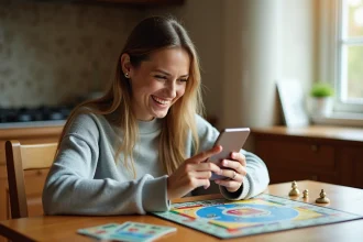 Femme jouant au Monopoly sur son téléphone et gagnant des dés gratuits chaque jour