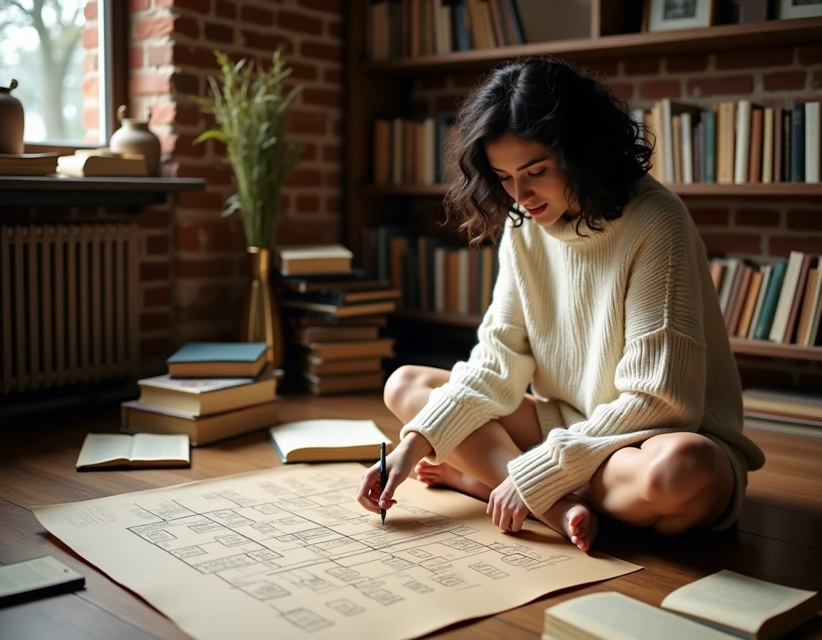 Jeune femme dessinant à l'encre un arbre généalogique détaillé des dieux grecs entourée de livres de mythologie sur le sol