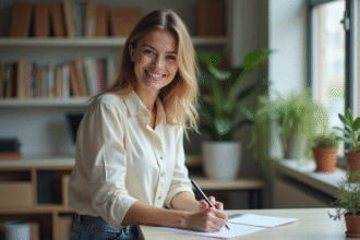 Jeune femme souriante écrivant une carte dans un bureau moderne