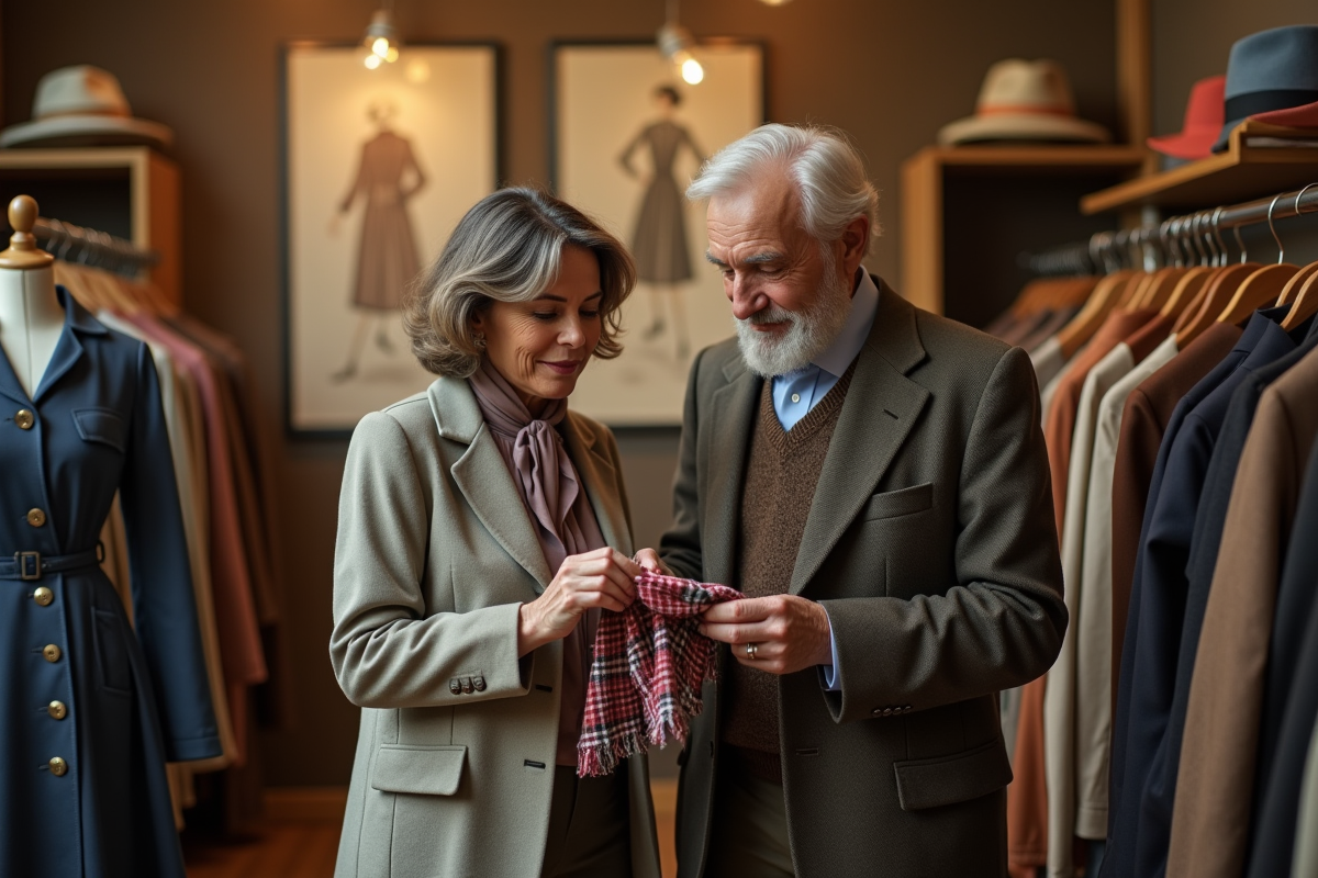 Femme et homme âgés dans une boutique vintage de mode