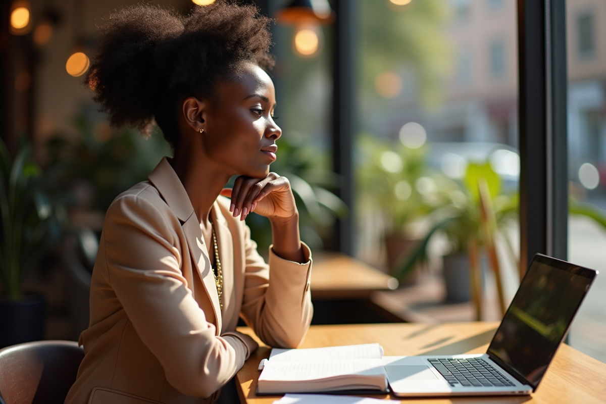 Femme élégante assise au café regardant par la fenêtre