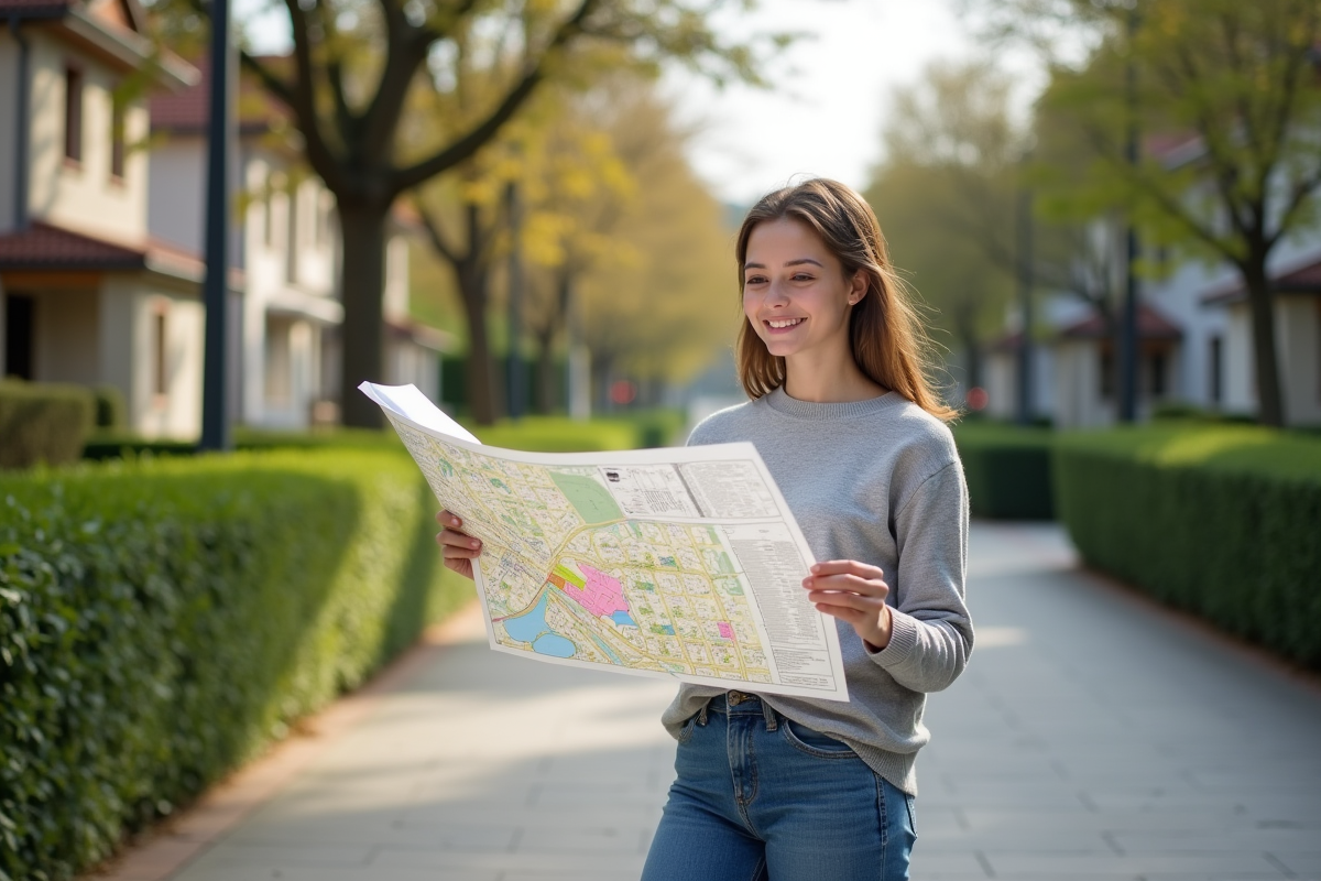 Jeune femme regardant un plan de zonage en extérieur