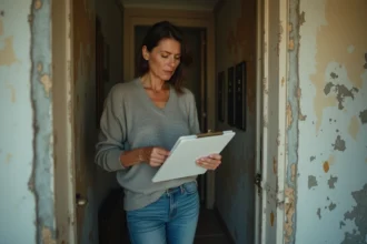 Femme française regardant un mur délabré dans un couloir