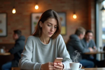 Femme hésitant à recontacter un amour de jeunesse sur son téléphone dans un café