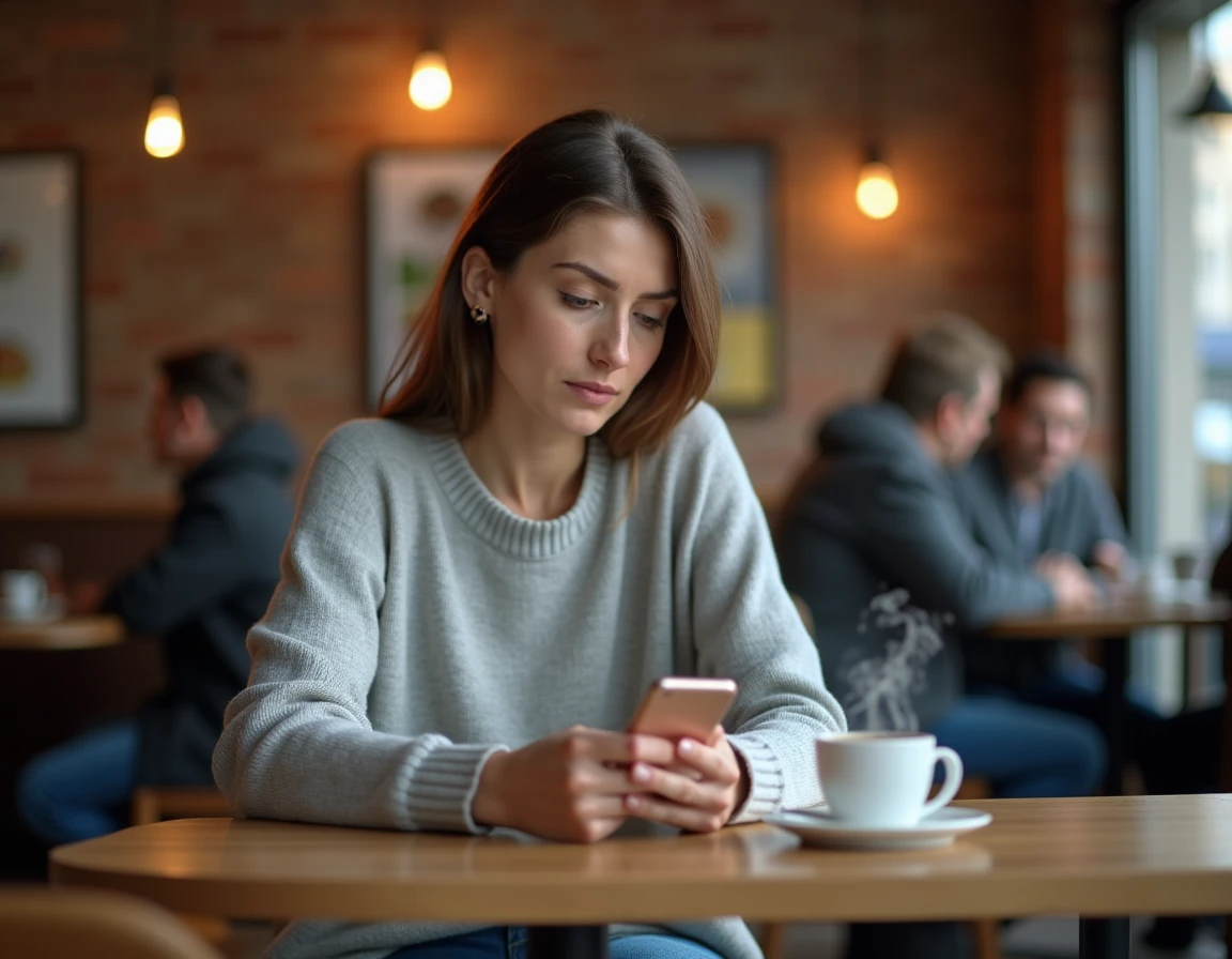 Femme hésitant à recontacter un amour de jeunesse sur son téléphone dans un café