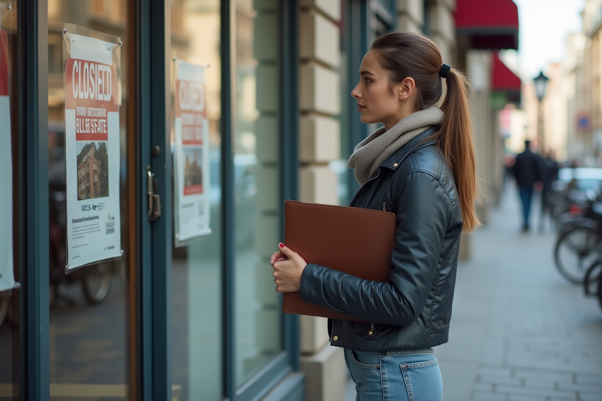 Jeune femme regardant les annonces immobilières devant une agence