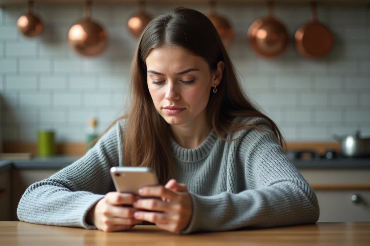 Femme jouant à 4 Images 1 Mot sur smartphone à une table en bois dans une cuisine moderne