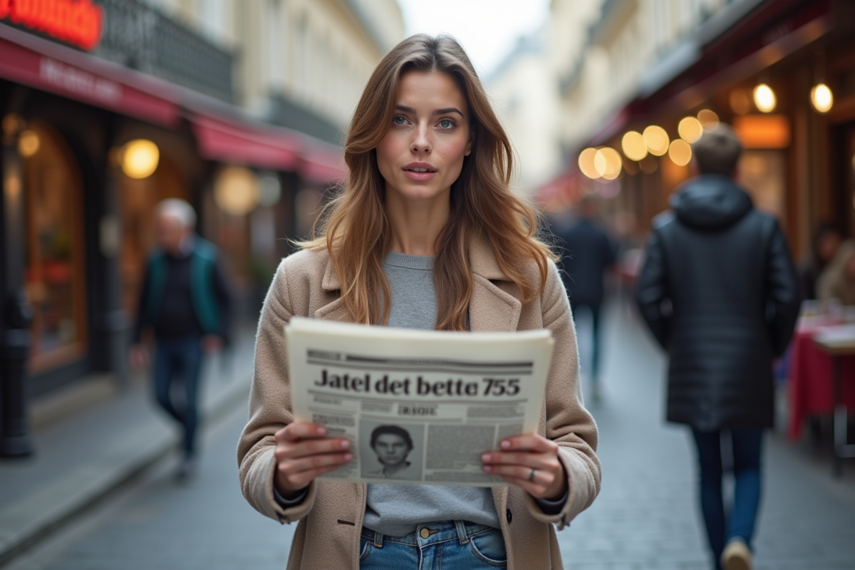 Jeune femme lisant un journal sur la dette nationale à Paris