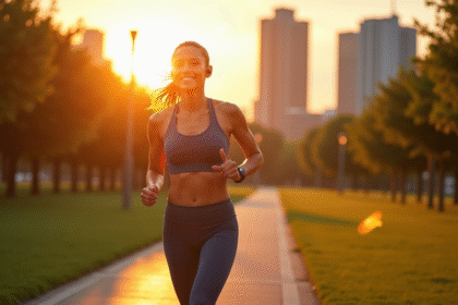 Femme en jogging dans un parc urbain au lever du soleil avec écouteurs Bluetooth