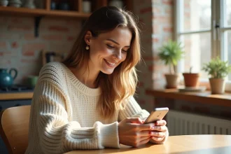 Femme concentrée jouant à Wordle sur son smartphone dans une cuisine chaleureuse