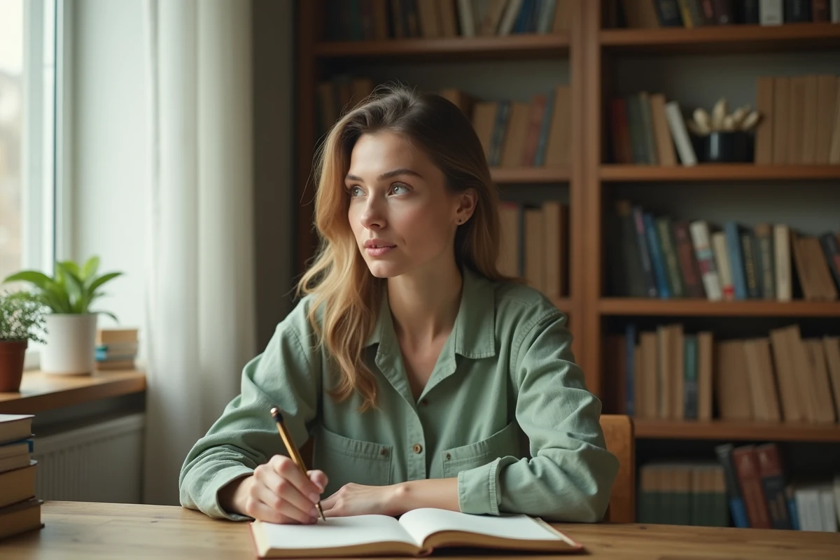 Femme pensive écrivant dans un journal ouvert sur un bureau en bois, illustrant la recherche de synonymes et de nuances de langage