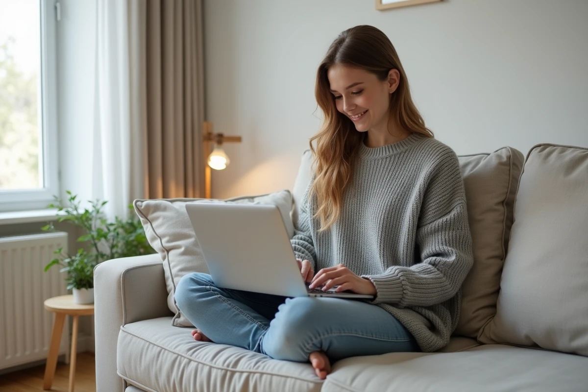 Jeune femme lisant des manhwas BL en ligne sur son ordinateur portable dans un salon cosy et sécurisé