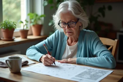 Femme âgée concentrée sur un puzzle croisé français