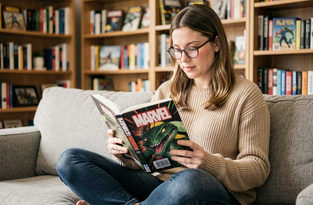 Femme lisant un omnibus Marvel sur un canapé dans une bibliothèque de comics confortable