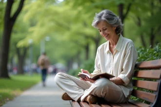 Femme assise dans un parc urbain lisant un carnet