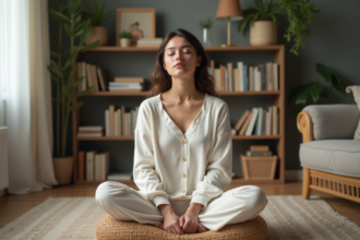 Jeune femme détendue en loungewear dans un salon calme