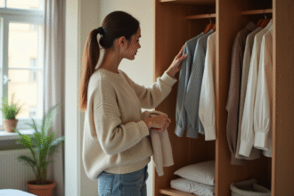 Femme élégante dans une chambre lumineuse et organisée