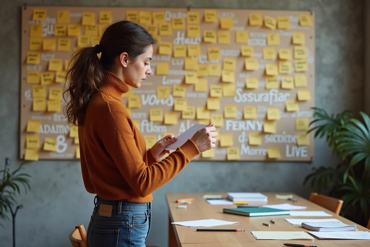 Jeune femme explorant un mur couvert de mots et de notes manuscrites dans un atelier créatif, symbolisant la recherche de synonymes et de nuances sémantiques
