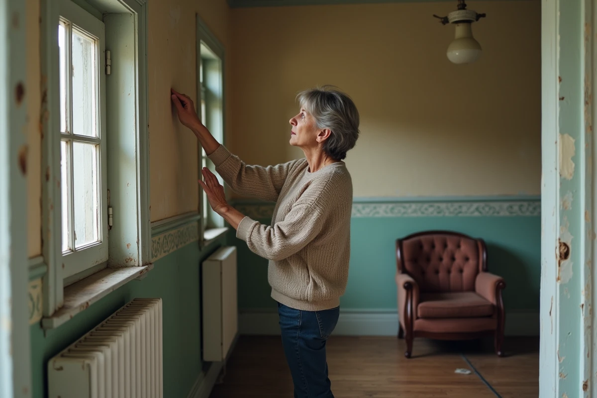 Femme touche un mur en plâtre dans un intérieur vintage